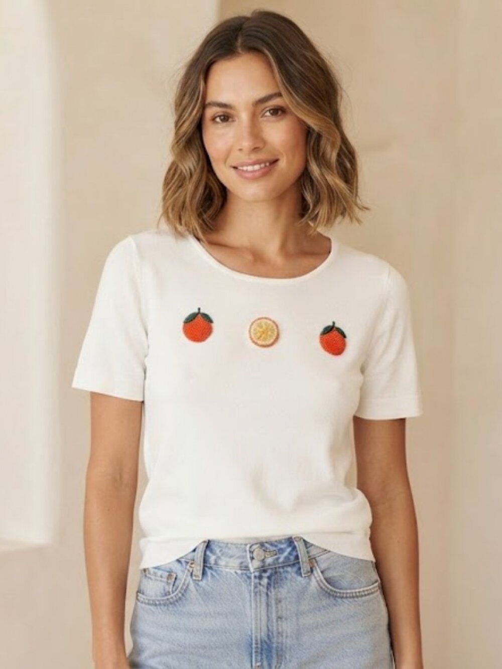 LIV Milano White Beaded Orange Fruit Short Sleeve Tee